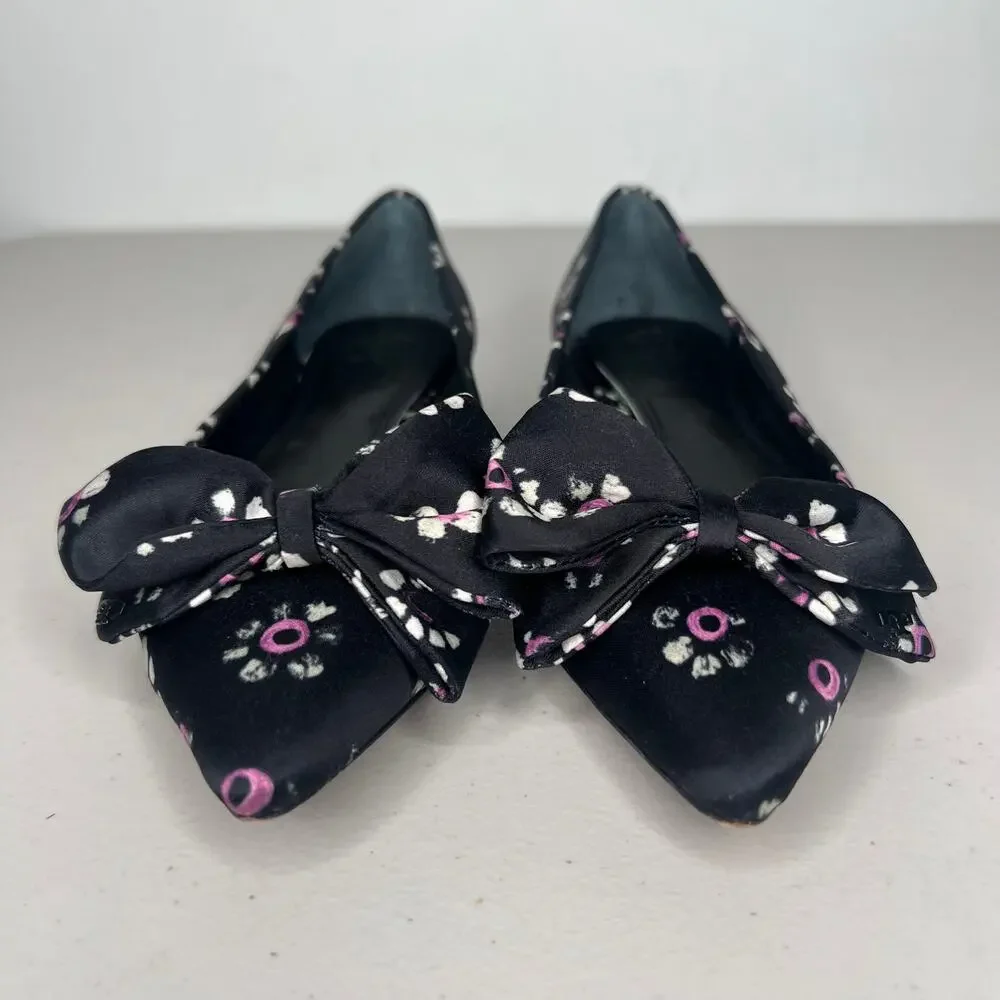 Tory Burch Black Rosalind Bow Floral Pointed Ballet Flats Size 5